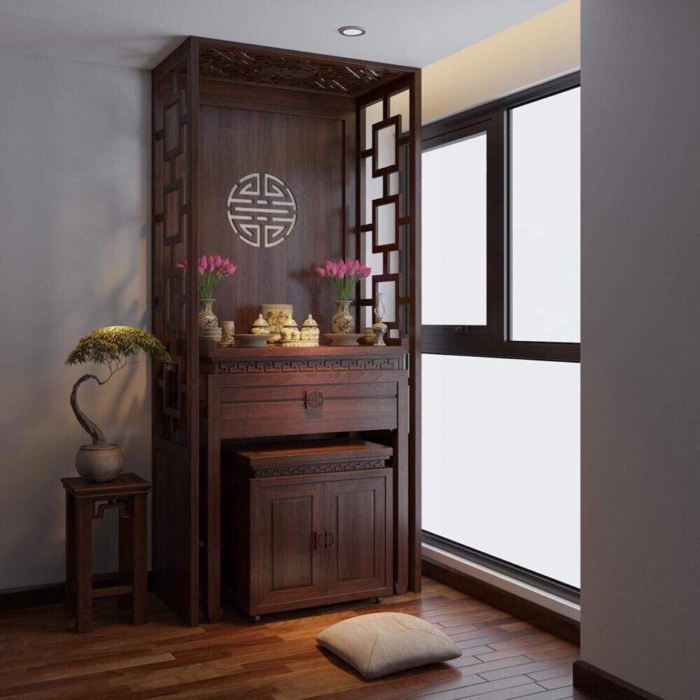 Những Mẫu Vách Ngăn Bàn Thờ Chung Cư Đẹp Nhất 2023 14 Vách ngăn bàn thờ chung cư gỗ gụ